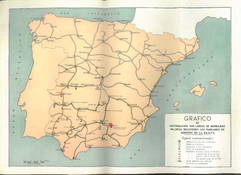 Mapa sobre la morbilidad por paludismo entre ferroviarios de RENFE. Memoria de la lucha antipalúdica en la Renfe, 1944.